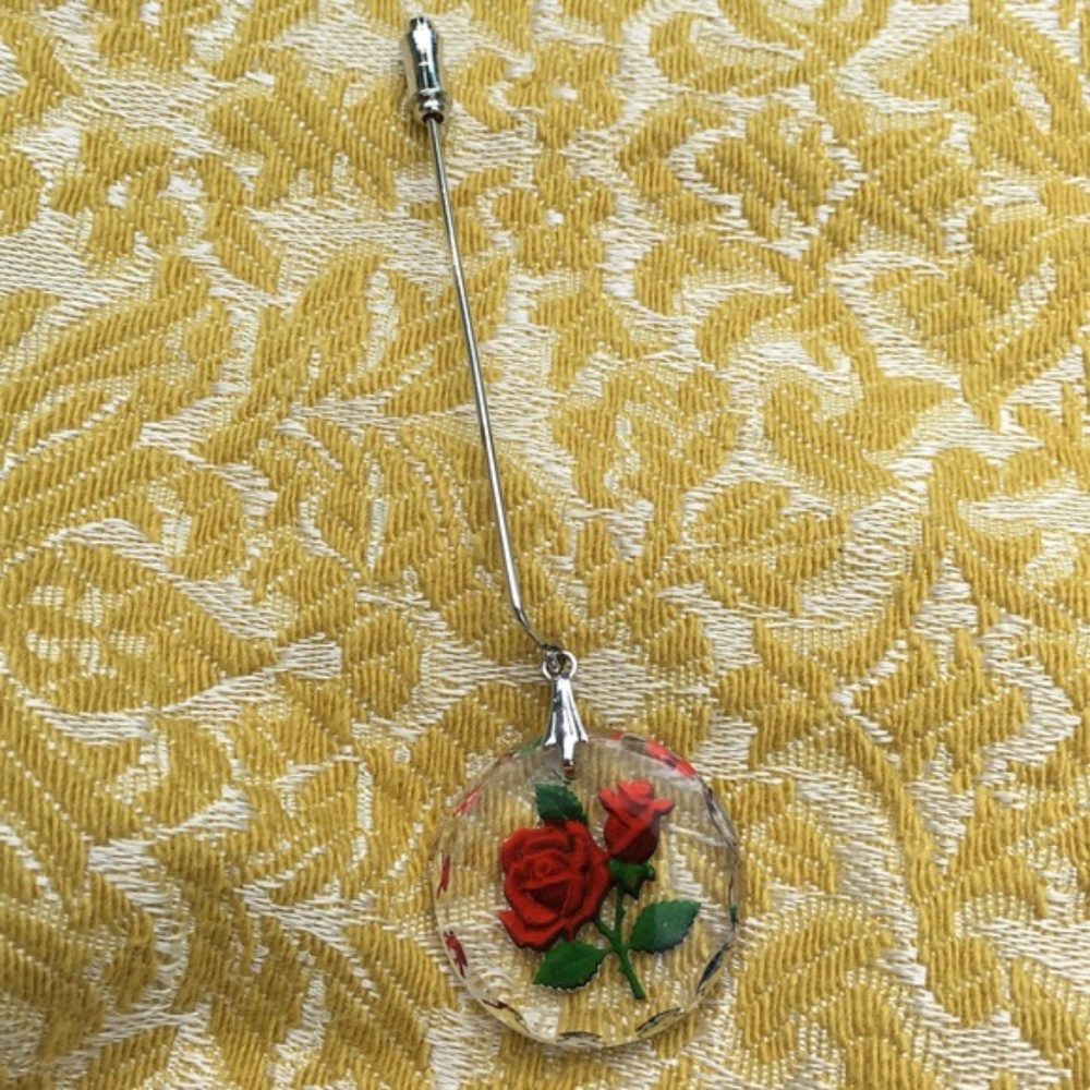 Vintage Reverse Carved Lucite Rose Stick Pin - Picture 3 of 6